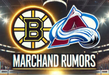 Boston Bruins and Colorado Avalanche logos with the words Marchand Rumors below the logos