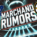 Toronto Maple Leafs and Boston Bruins logos with the words Marchand rumors between the logos
