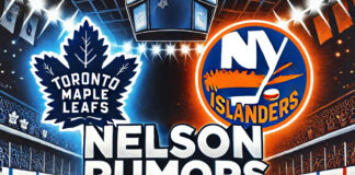 Toronto Maple Leafs and New York Islanders logos with the words Brock Nelson rumors below the logos