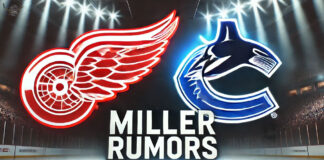 Detroit Red Wings and Vancouver Canucks logos with the words Miller rumors below the logos
