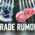 Vancouver Canucks and Detroit Red Wings logos side-by-side with the words NHL trade rumors below the logos