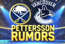 Buffalo Sabres and Vancouver Canucks logos with the words Pettersson rumors below the logos