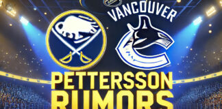Buffalo Sabres and Vancouver Canucks logos with the words Pettersson rumors below the logos