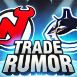 New Jersey Devils Rumors: Could Nico Hischier Be Swapped for J.T. Miller? New Jersey Devils and Vancouver Canucks logos with the words NHL trade rumors below the logos