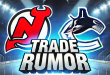 New Jersey Devils and Vancouver Canucks logos with the words NHL trade rumors below the logos