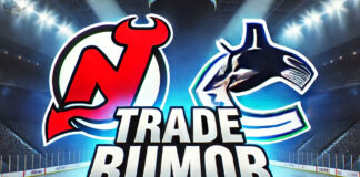 New Jersey Devils and Vancouver Canucks logos with the words NHL trade rumors below the logos