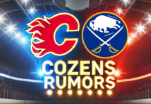 Calgary Flames and Buffalo Sabres logos with the words Cozens Rumors below the logos