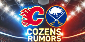 Calgary Flames and Buffalo Sabres logos with the words Cozens Rumors below the logos