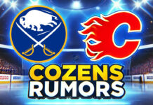 Buffalo Sabres and Calgary Flames logos side-by-side with the words Cozens Rumors below the logo