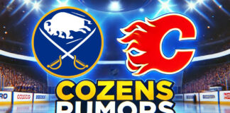 Buffalo Sabres and Calgary Flames logos side-by-side with the words Cozens Rumors below the logo