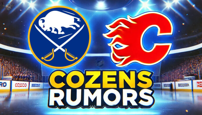 Buffalo Sabres and Calgary Flames logos side-by-side with the words Cozens Rumors below the logo