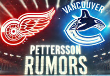 Detroit Red Wings and Vancouver Canucks logos with the words Pettersson rumors below the logos