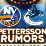 New York Islanders and Vancouver Canucks logos side-by-side with the words Pettersson rumors below the logos
