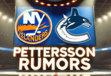 New York Islanders and Vancouver Canucks logos side-by-side with the words Pettersson rumors below the logos