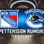 New York Rangers and Vancouver Canucks logos side-by-side with the words Pettersson rumors below the logos