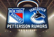 New York Rangers and Vancouver Canucks logos side-by-side with the words Pettersson rumors below the logos