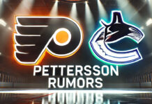 Philadelphia Flyers and Vancouver Canucks logos with the words Pettersson rumors below the logos