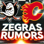 Anaheim Ducks and Calgary Flames logos side-by-side with the words Zegras Rumors below the logos