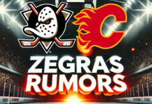 Anaheim Ducks and Calgary Flames logos side-by-side with the words Zegras Rumors below the logos