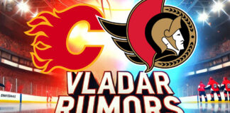 Calgary Flames and Ottawa Senators logos with the words Vladar Rumors below the logos