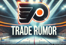 Philadelphia Flyers logo with the words NHL trade rumors below the logo