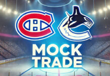 Montreal Canadiens and Vancouver Canucks logos with the words mock trade below the logos