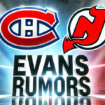 Montreal Canadiens and New Jersey Devils logos side-by-side with the words Evans rumors below the logos