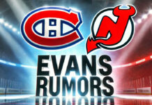 Montreal Canadiens and New Jersey Devils logos side-by-side with the words Evans rumors below the logos