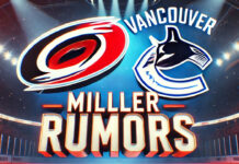 Carolina Hurricanes and Vancouver Canucks logos with the words Miller rumors below the logos