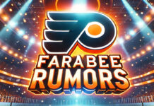 Philadelphia Flyers logo with the words Farabee rumors below the logo