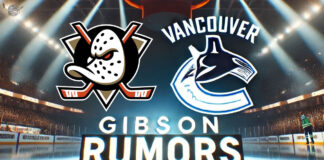 Anaheim Ducks and Vancouver Canucks logos with the words Gibson rumors below the logos