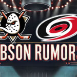 Anaheim Ducks and Carolina Hurricanes logos side-by-side with the words Gibson rumors below the logos