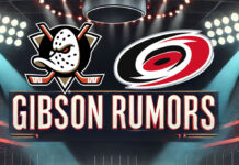 Anaheim Ducks and Carolina Hurricanes logos side-by-side with the words Gibson rumors below the logos