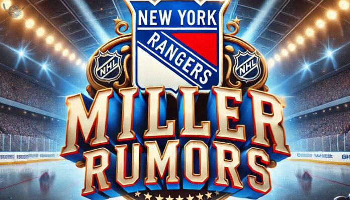 Is a K'Andre Miller Trade Imminent? New York Rangers logo with the words Miller rumors below the logo
