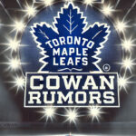 Easton Cowan Trade Rumors: Should the Leafs Deal Their Top Prospect? Toronto Maple Leafs logo with the words Cowan rumors below the logo