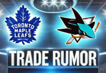 Toronto Maple Leafs and San Jose Sharks logos with the words trade rumor below the logos