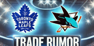 Toronto Maple Leafs and San Jose Sharks logos with the words trade rumor below the logos