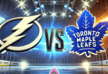 Tampa Bay Lightning and Toronto Maple Leafs logos with the word Vs. between the logos. Who will win the game?
