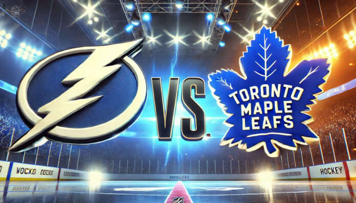 Tampa Bay Lightning and Toronto Maple Leafs logos with the word Vs. between the logos. Who will win the game?