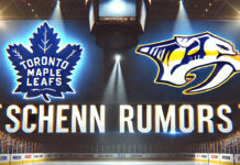 Toronto Maple Leafs and Nashville Predators logos side-by-side with the words Schenn rumors below the logos