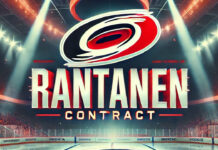 Carolina Hurricanes logo with the words Rantanen contract below the logo