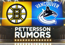 Boston Bruins and Vancouver Canucks side-by-side with the words Pettersson rumors below the logos