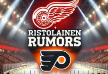Detroit Red Wings and Philadelphia Flyers logos with the words Ristolainen rumors between the logos