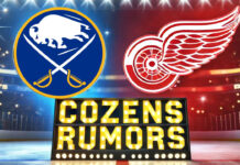 Buffalo Sabres and Detroit Red Wings logos with the words Cozens rumors below the logos