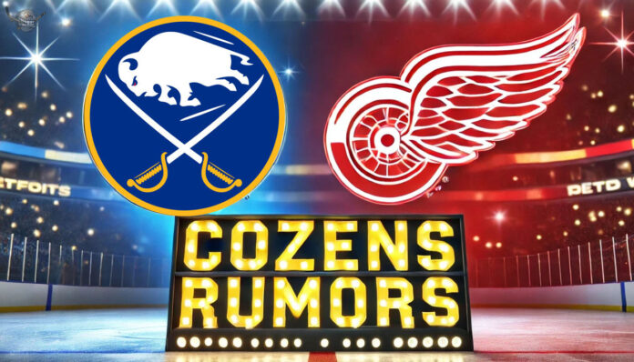 Buffalo Sabres and Detroit Red Wings logos with the words Cozens rumors below the logos