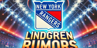 New york Rangers logo with the words Lindgren rumors below the logo