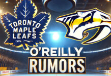 Toronto Maple Leafs and Nashville Predators logos with the words O'Reilly rumors below the logos