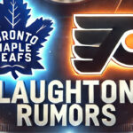 Toronto Maple Leafs and Philadelphia Flyers logos with the words Laughton Rumors below the logos