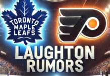 Toronto Maple Leafs and Philadelphia Flyers logos with the words Laughton Rumors below the logos