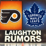 Toronto Maple Leafs and Philadelphia Flyers logos with the words Laughton Rumors below the logos